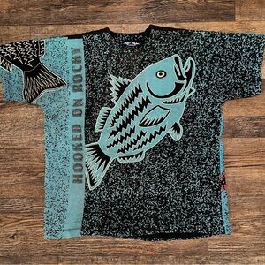 Vintage 90s Hooked On Rocky All Over Print Fish Fishing Nature T-shirt Size XL